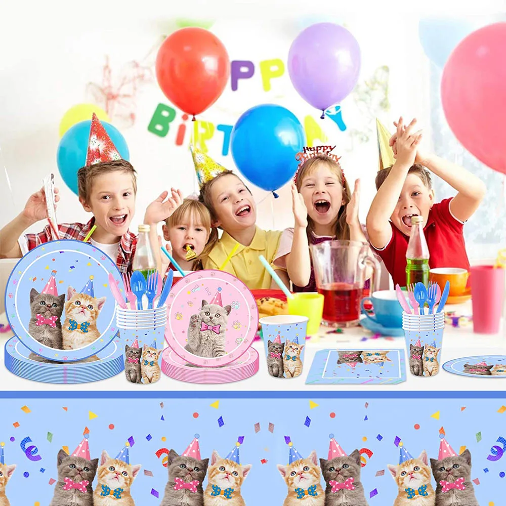 

113PCS Cat Party Decoration Disposable Tableware Tablecloth Suitable for Pets, Cat Lovers, Children Cat Themed Birthday Parties