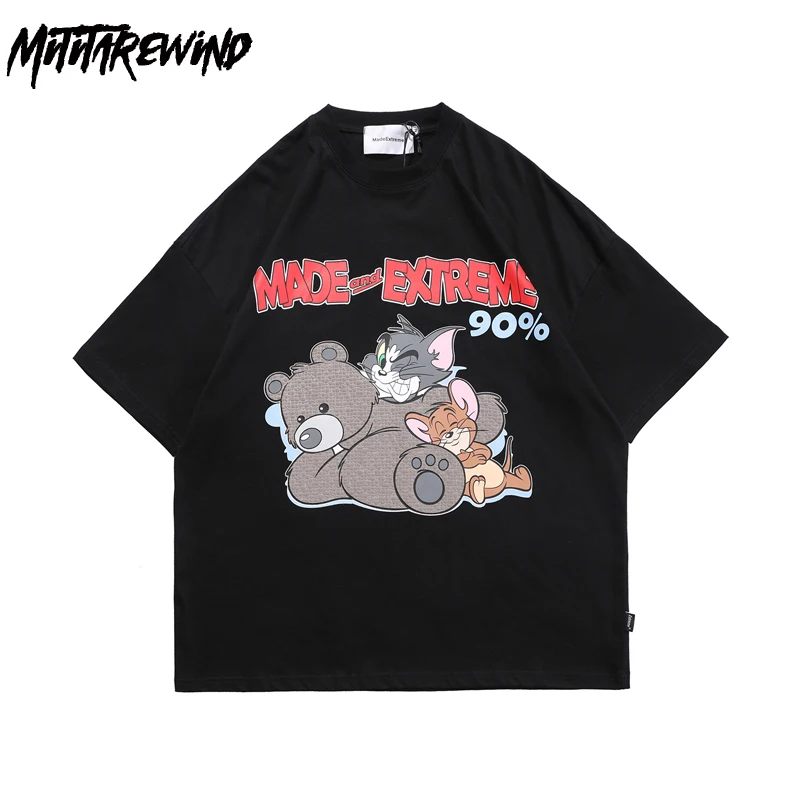 

T Shirt Men Hip Hop Mouse Cartoon Print Summer Tees Shirts Loose Retro Short Sleeved Cotton Tshirts Couple Tops Dropshipping