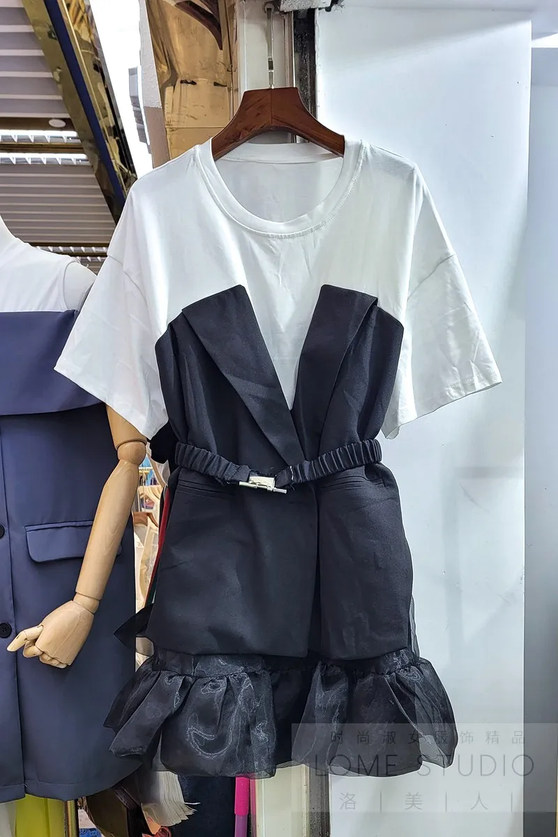 

Women Short Sleeve Casual Dress 2021 Summer Color Matching Fake Two Pieces Dress Female A Line Korean Fashion Short Dress