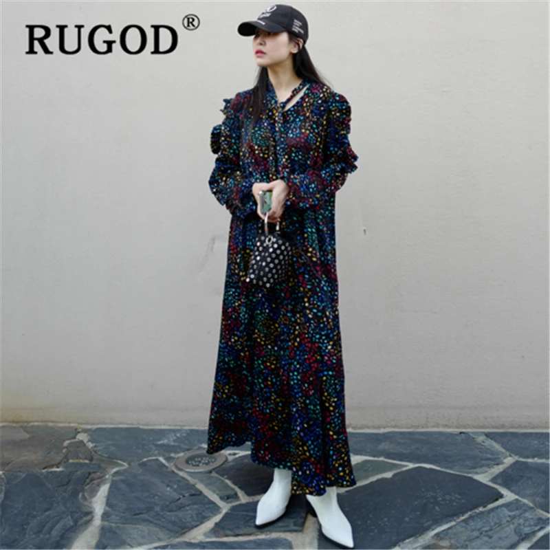 Женское платье с принтом RUGOD свободное макси длинным рукавом и шарфом новинка 2020 |