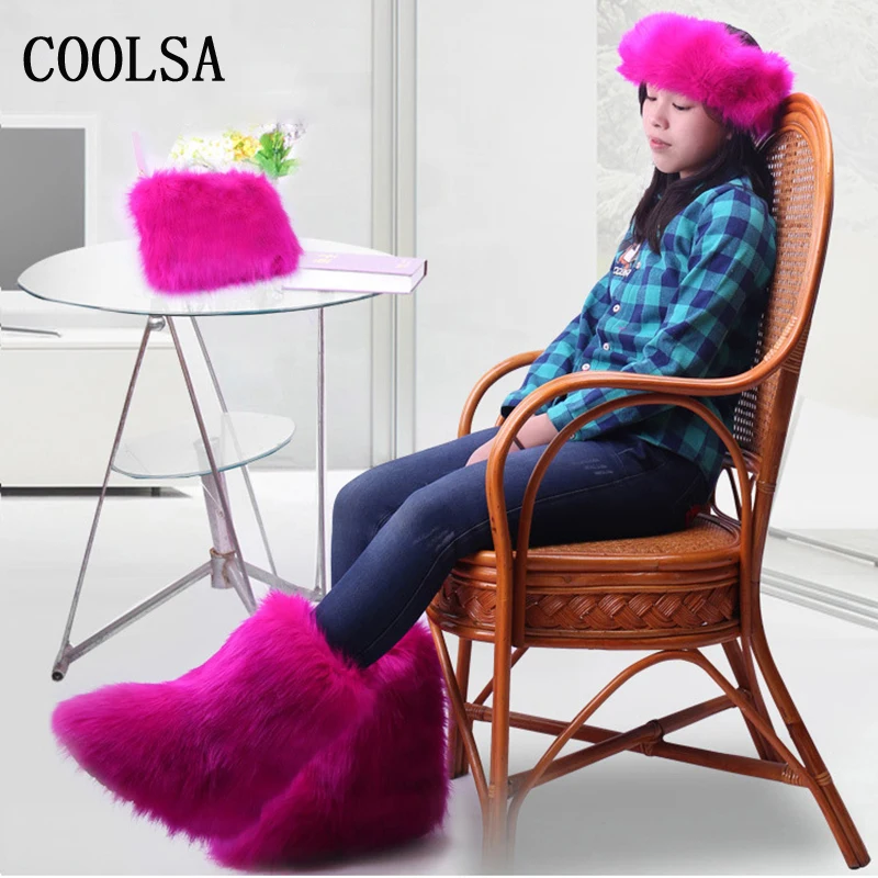 Coolsa/женские зимние ботинки на лисьем меху; комплект с сумкой и повязкой на голову; меховые ботильоны; пушистые плюшевые ботинки; зимняя теплая обувь; женские меховые ботинки на плоской подошве; Botas Mujer
