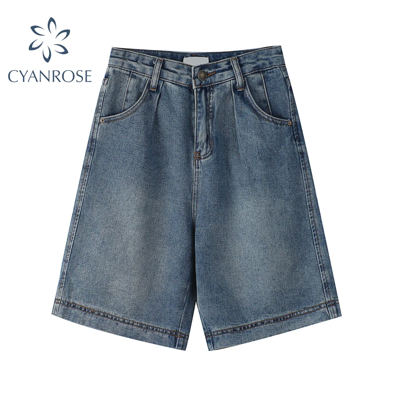 

Женские джинсовые шорты с завышенной талией, летние тонкие 5-точечные джинсовые выпрямленные Свободные повседневные синие джинсовые шорты,...