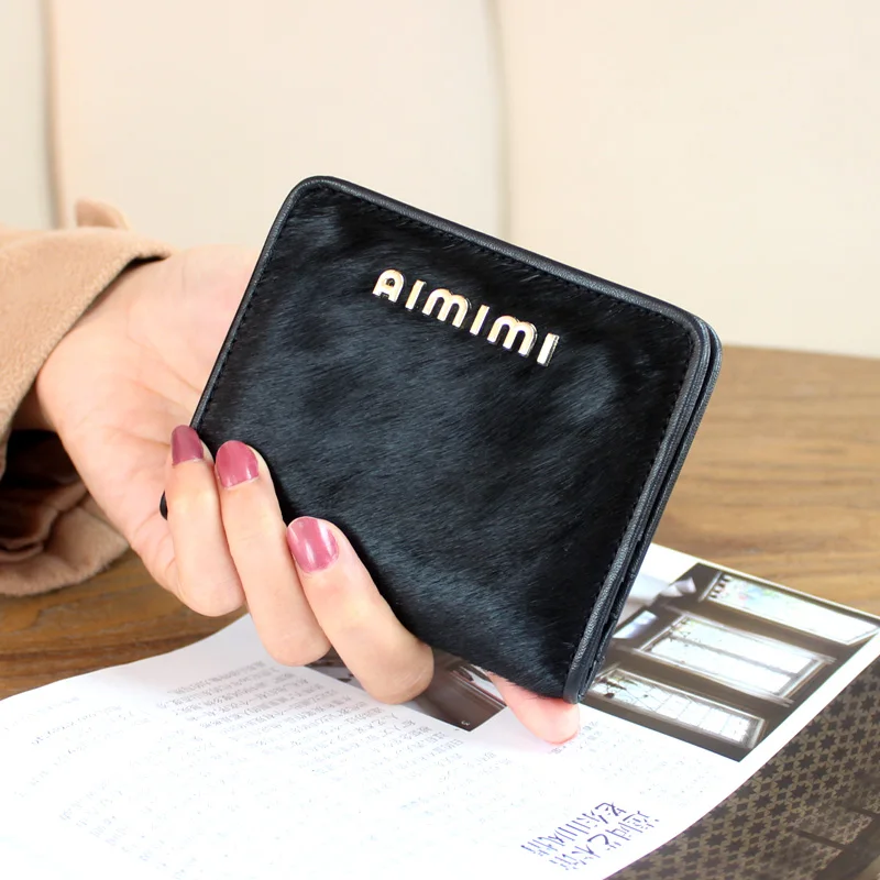 Horse hair ultra-thin cowhide long wallet female tide new European and American fashion leather snap folding wallet - Цвет: Черный