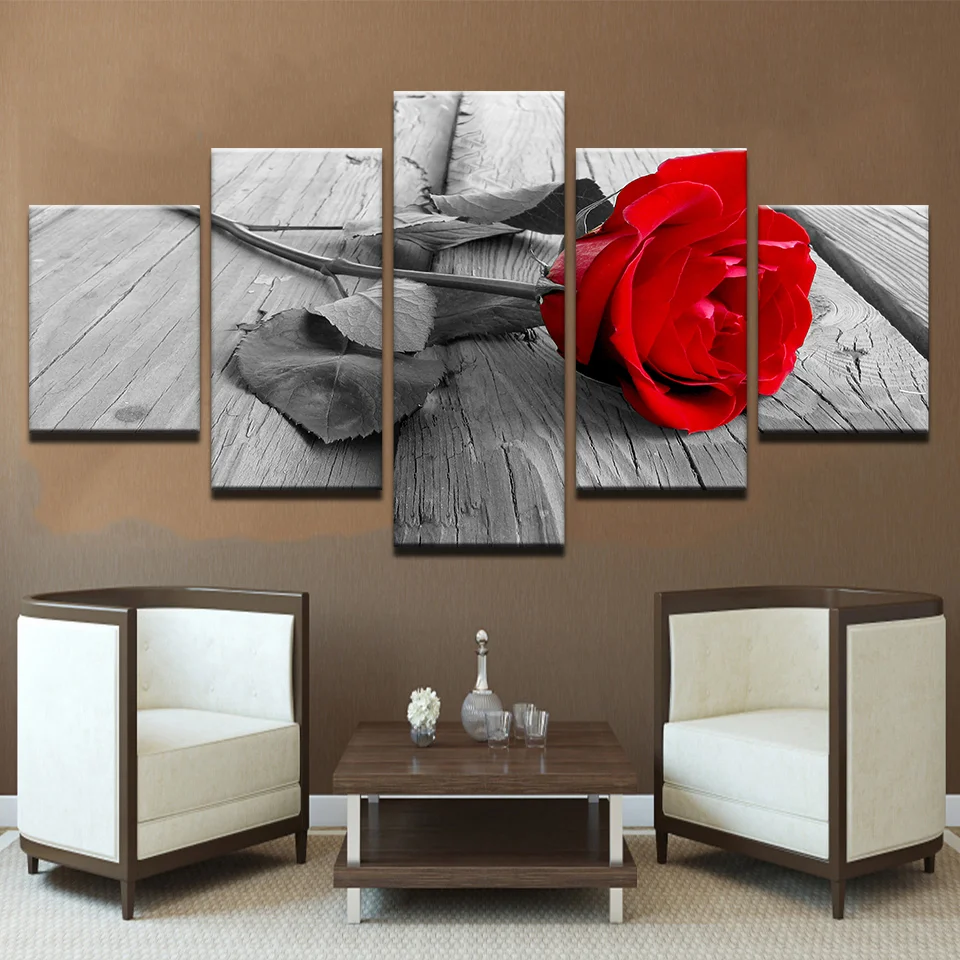 

5 Panel Red Rose Flowers Printed Painting Wall Art Modular Poster HD Home Decoration Canvas Pictures Living Room Modern Decor