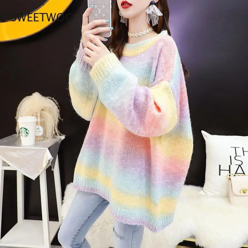 

Autumn Winter Women Rainbow Sweater and Pullovers O-Neck Long Loose Style Striped Korean Jumpers Candy Color Oversized Pull 2021