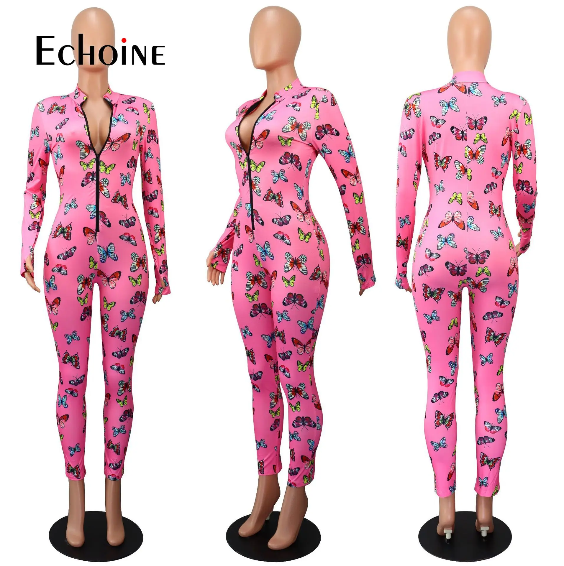 

Echoine Women Workout Activewear Butterfly Print Rompers Jumpsuit Zipper Moto Bike Long Sleeve Fitness Bodycon Skinny Jumpsuits