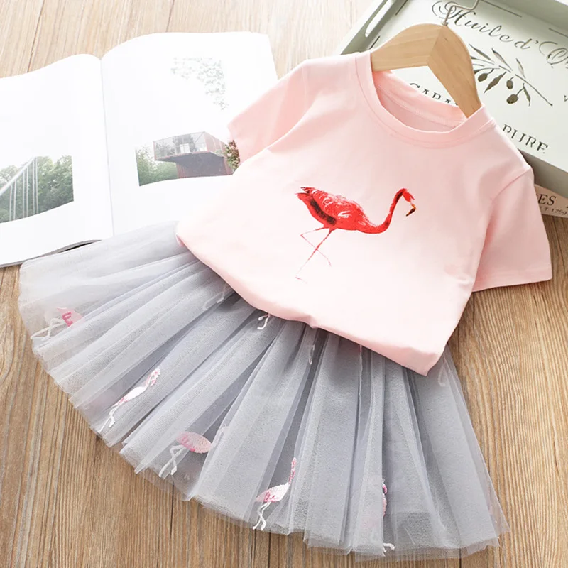 

Girls Clothing Set Swan T-Shirt + Star Mesh 2Pcs Suit 2 Colors Flamingo Casual Wear Kids Birthday Party Present