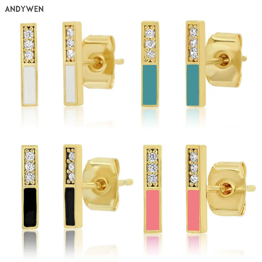 

ANDYWEN 925 Sterling Silver Gold Colorful Rainbow Enamel Line Piercing Stud Earring Clips Luxury Fine Jewelry Pendientes