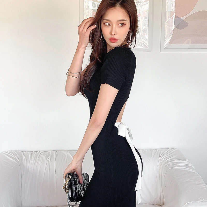 

Summer Korean Fashion Short Sleeve O Neck Black Knitted Dress Women Slim Elastic Bow Elegant Package Hip Bodycon Midi Dresses