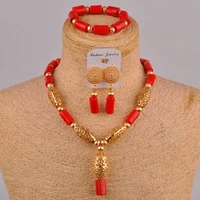 african bead cylindrical red jewelry coral bead necklace india fashion nigeria wedding jewelry sets sh 02
