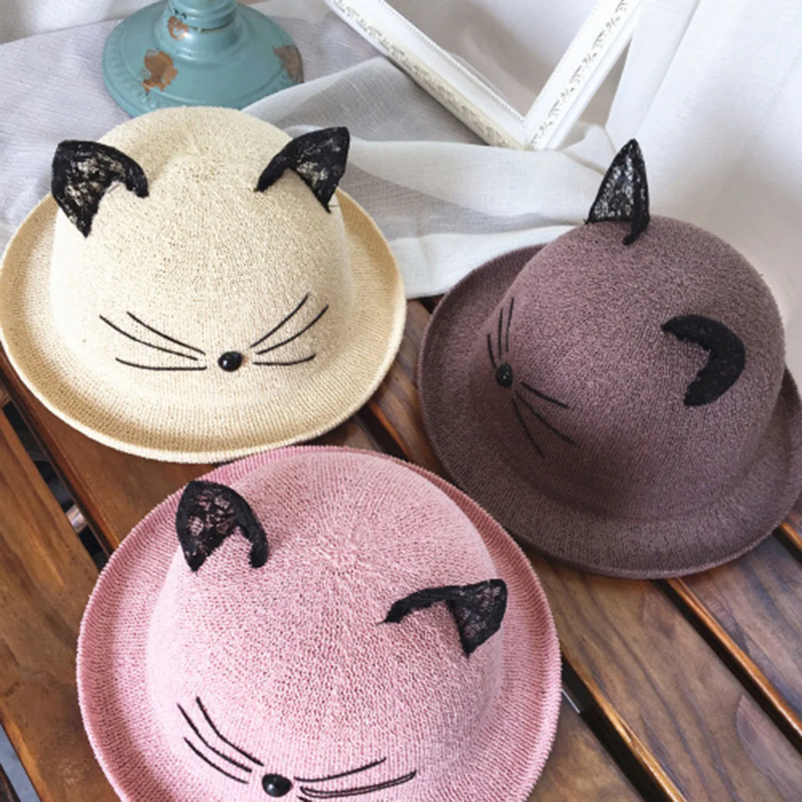 

Child Summer Outdoor Bucket Hats Cute Smile Cat Fisherman's Hat Beach Sun Protection Cap Solid Color Basin Hat For Kids 1-3Y