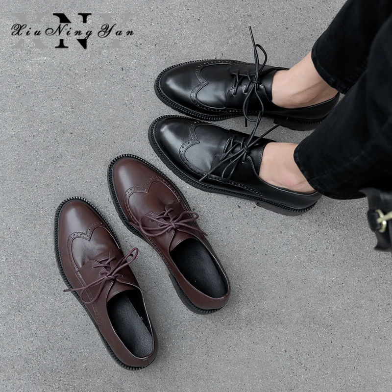 

XiuNingYan Shoes Woman Luxury Brand Genuine Leather Women Flat Shoes Lace-up Handmade Women Casual Oxfords Fashion Brogue Shoes