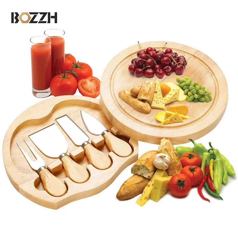 

BOZZH Wooden Cheese Slicer Cutter Board Knive Set With Slide Out Bamboo Cutting Board Handle Knives Fork Shovel Cooking Tool