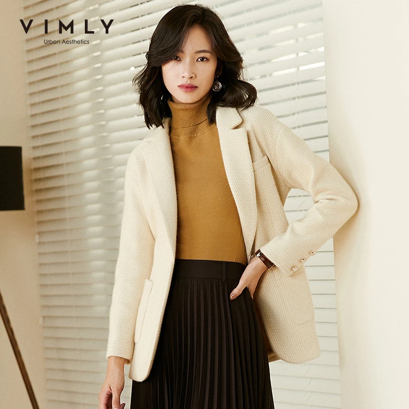 

2020 Элегантный женский шерстяной Блейзер Vimly, модные новые шерстяные пальто с отложным воротником на одной пуговице с поясом и карманами, тол...