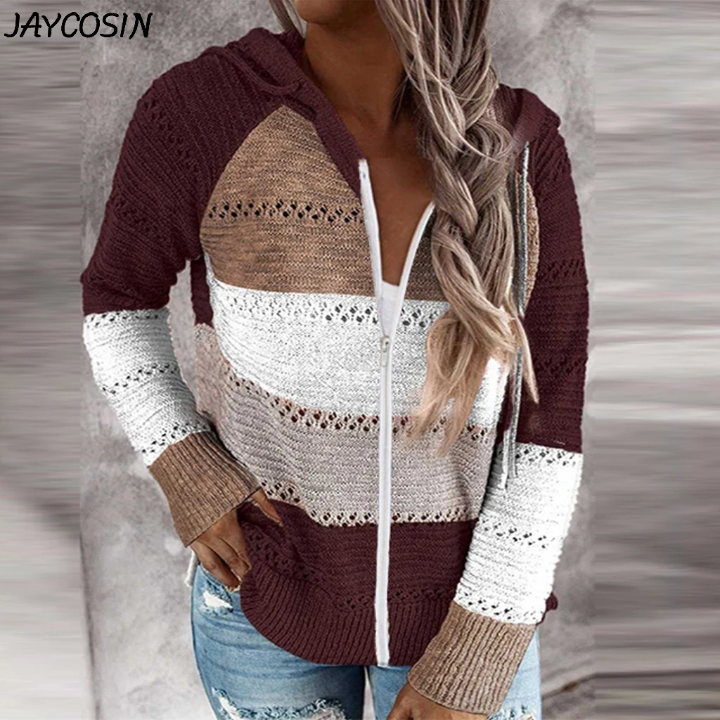 JAYCOSIN Women Lazy Stripe Patchwork Long Sleeve Simple Wild Knitted Hooded Sweater Cardigan Zipper Casual Loose Tops Sweaters |