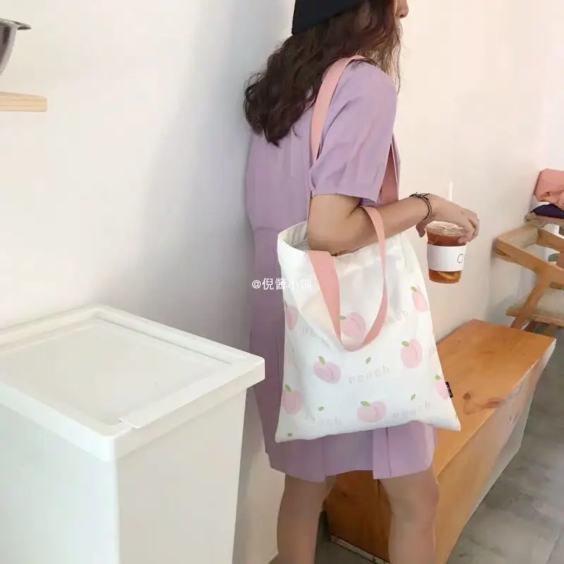 

Shopping Bags Women Print Peach Fashion Korean Style Tote Bag Single-shoulder All-match Simple Casual Canvas Ins Students Chic