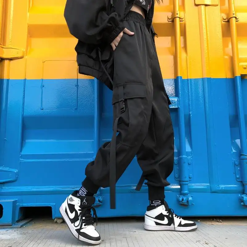 Модные женские брюки карго Harajuku черные с высокой талией уличные штаны спортивные