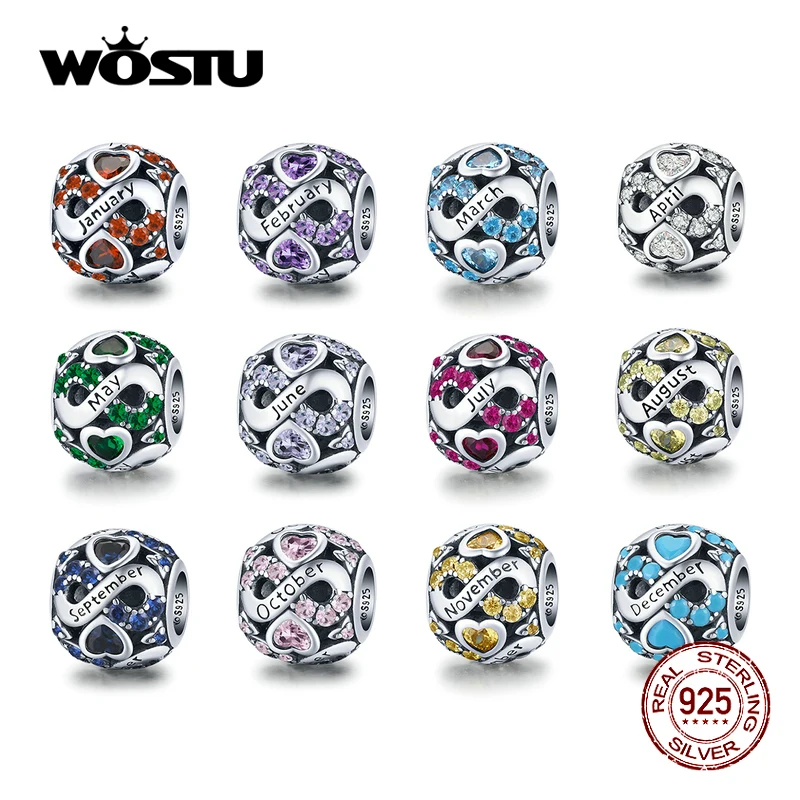 

WOSTU Real 925 Sterling Silver Infinite Love Birthstone Colorful Zircon Round Charm Fit Original Bracelet Authentic Jewelry Gift