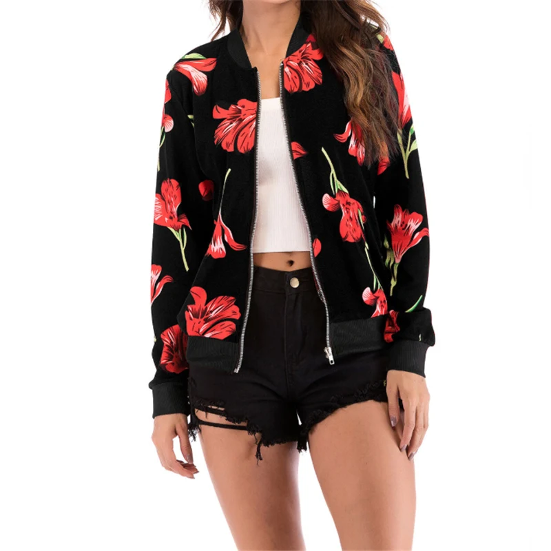 

Fashion Women Jacket Flying Crane Coats Ladies Retro Floral Zipper Up Bomber Outwear Casual coats and jackets Women Outerwear