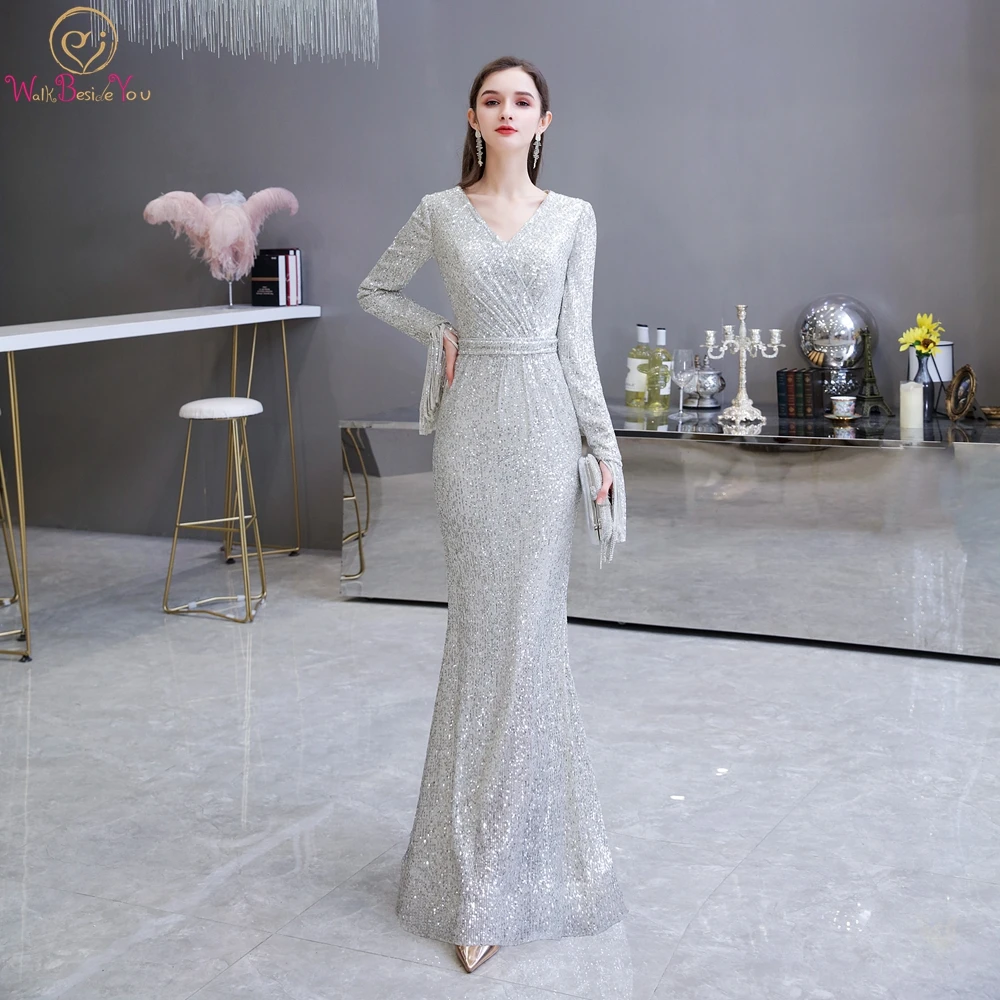 

Long Silver Evening Dress 2020 Sequin Full Sleeves V Neck Mermaid Fit Belt Floor Length Prom Party Gown Frocks Walk Beside You