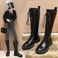 2021 autumn new black plus velvet warm boots microfiber rubber platform shoes ladies knee length fashion boots