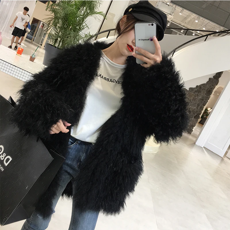 Женское вязаное пальто с длинным рукавом из натурального овечьего меха|Шубы и