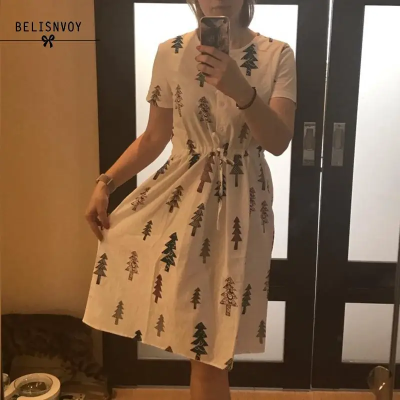Mori Girl, хлопковая, льняная, винтажная, летняя женская одежда, с круглым вырезом, с принтом дерева, платье с коротким рукавом, свободное, Повседневное платье, Vestidos