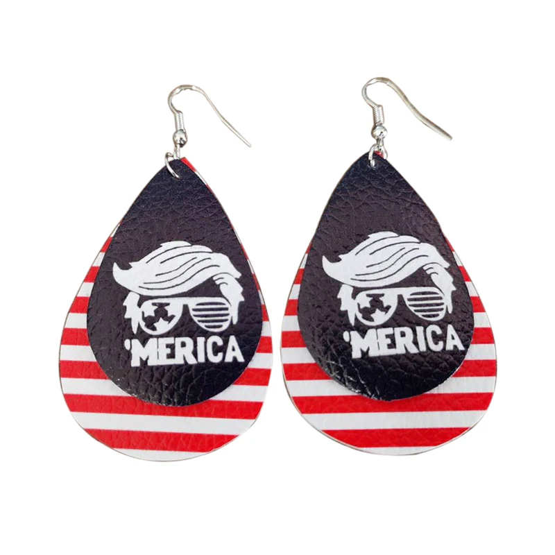 

New! Stock Trump 2020 Navy White Merica Printed Striped Leather Earrings Glitter Double Layer Teardrop Earrings Make Your Order