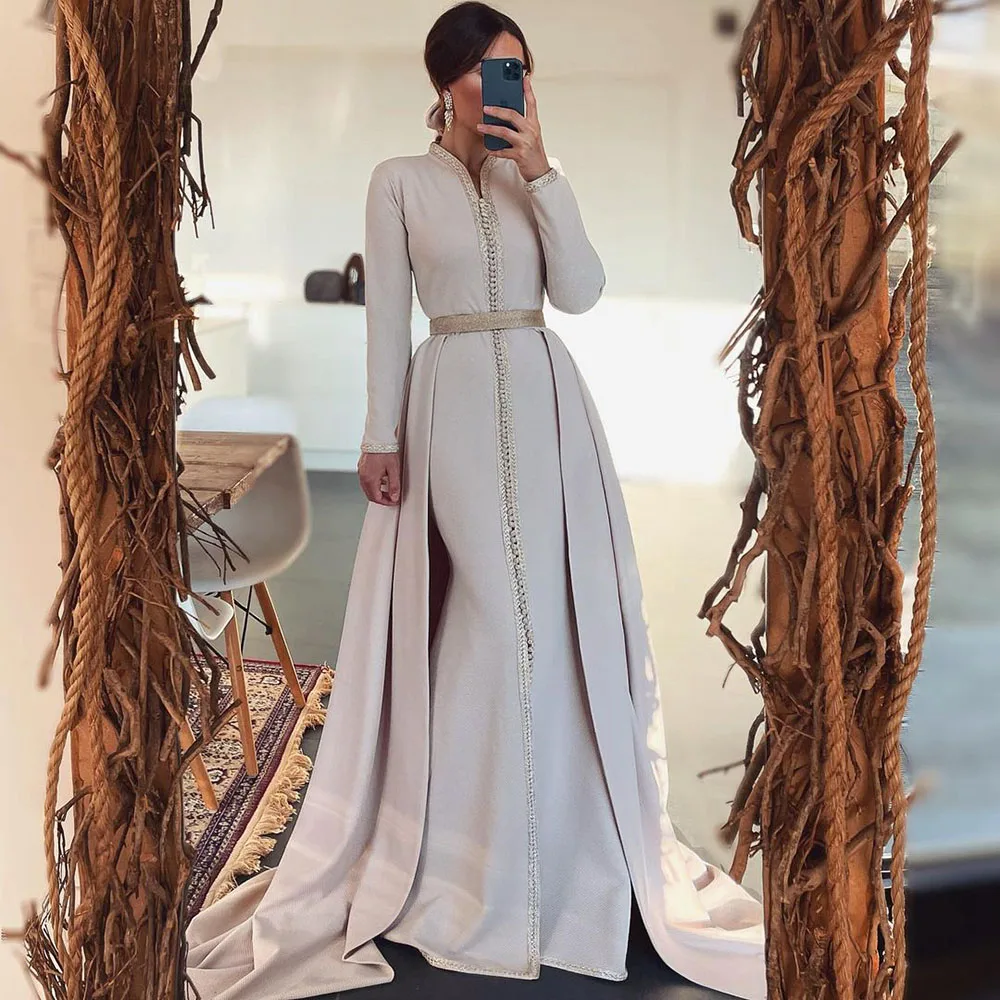 

Laxsesu White Moroccan Caftan Evening Dresses A-Line Detachable Train Formal Prom Dress Dubai Plus Size Party Gowns 2021