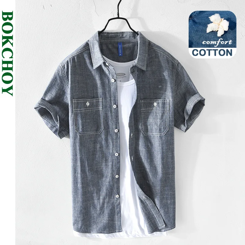 

2021 Summer and Spring New Men Cotton Casual Short-sleeved Shirt Work Wear Pocket Top Gray Blue GA-C328