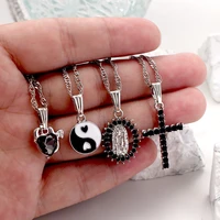 boho multilayer black crystal cross heart chain necklaces for women silver color taichi coin long metal clavicle chain jewellery