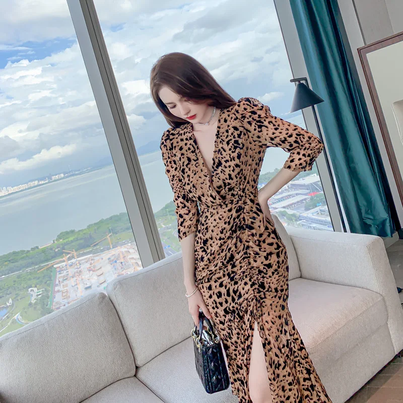 

New Spring Autumn Woman Clothes Leopard Dress Long Sleeve V-neck Split Dresses Fashion For Women Fall 2021 Women's Clothing