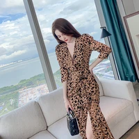 new spring autumn woman clothes leopard dress long sleeve v neck split dresses fashion for women fall 2021 womens clothing