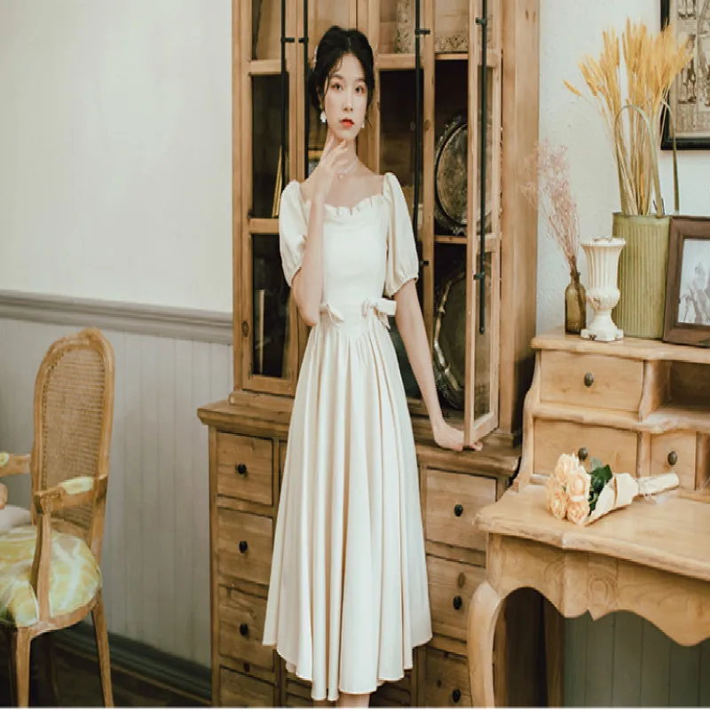 

French Chic Autumn Dress Maxi Square Collar High Waist Short Puff Sleeve Elegant Mid-length Vestidos