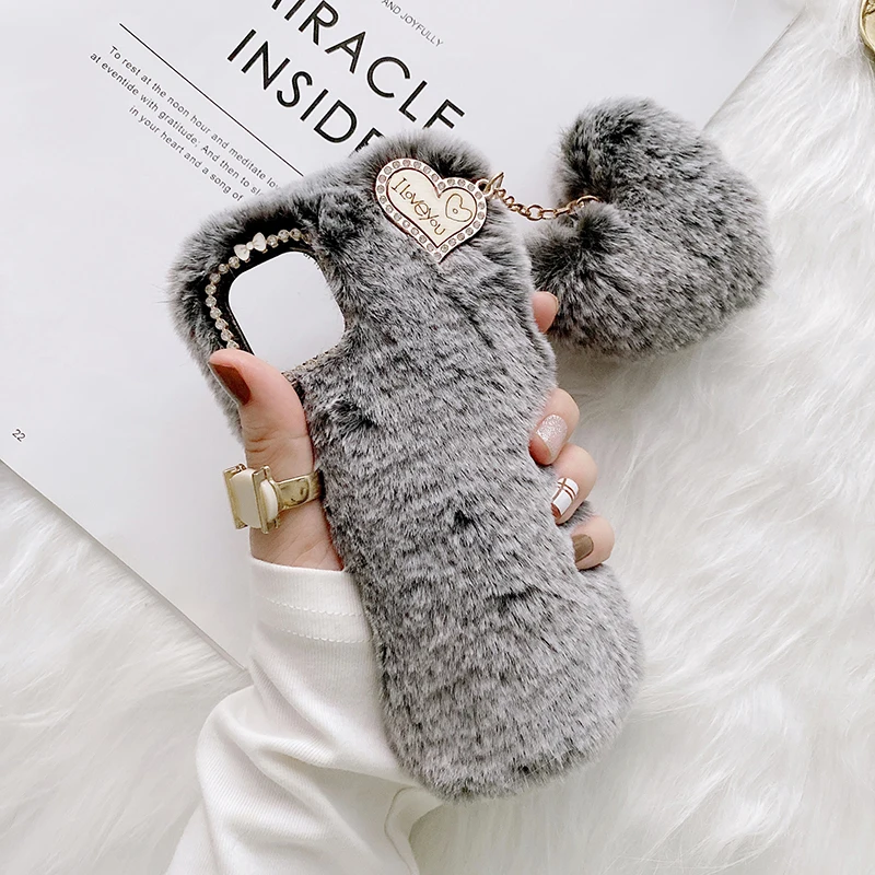 

Luxury Love Pendant Phone Case For iPhone 12 Pro Max 11 X XS XR 8 7 6 6S Plus SE 2020 5S 5C 4S Cute Warm Winter Plush Fur Covers
