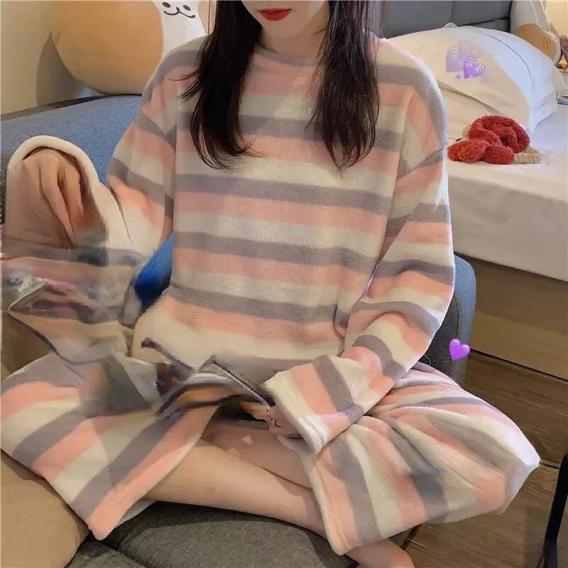 

Women set pajamas oversized Pajamas Set winter flannel long sleeve thick plush coral down autumn winter home wear