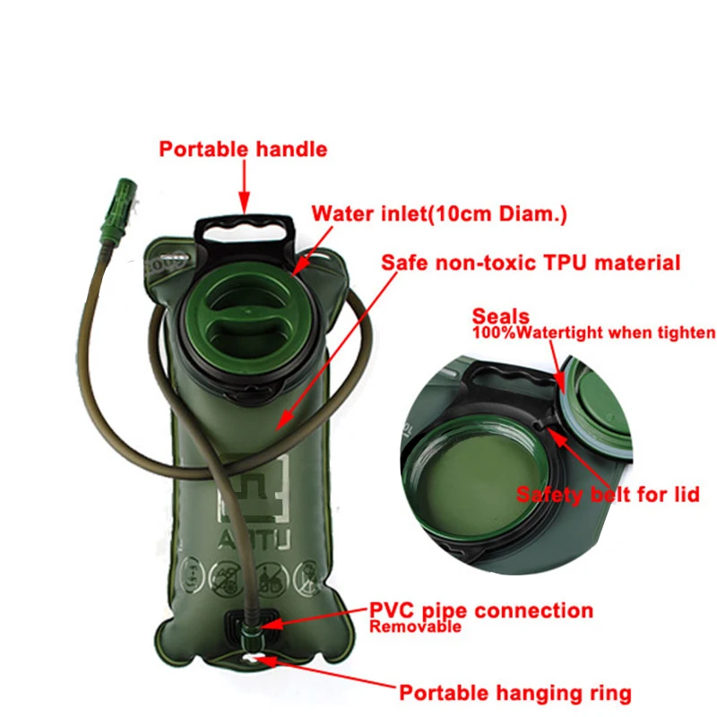 2L Water Bag Outdoor Large Capacity Pvc Water Bladdder Bag Sport Climbing Hydration System Hiking Survival Pouch Backpack