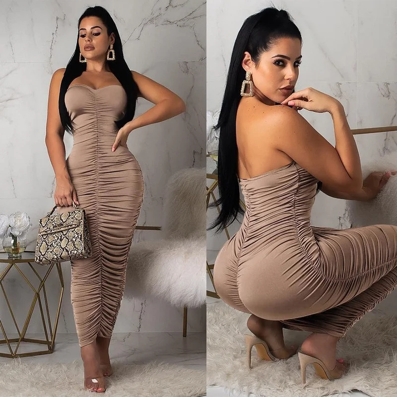 

QWEEK Ruched Bodycon Long Dress Women Sexy Off Shoulder Backless Sheath Dress 2021 Party Night Club Outfits for Women Sleeveless