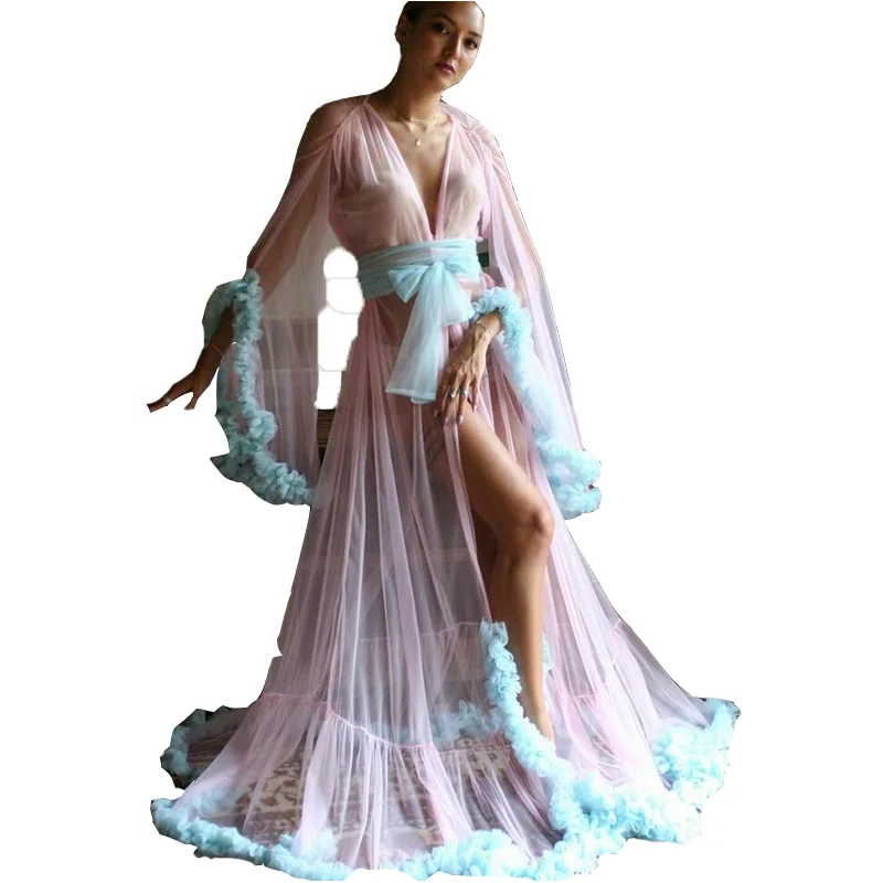 

Pink Maternity Dresses V Neck Blue Ruffles Tulle Maternity Gown for Photoshoot Boudoir Lingerie Bathrobe Nightwear Baby Shower