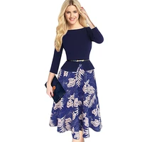 hot sale autumn and winter womens retro blue three quarter sleeve sleeves printed fake two piece slim dress with waist