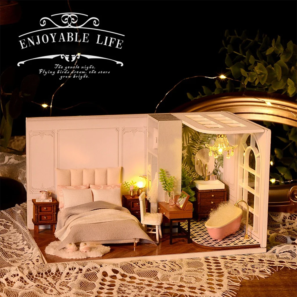 

Wooden DIY Miniature Dollhouse Assemble Kit with Furniture Led Lights Toys