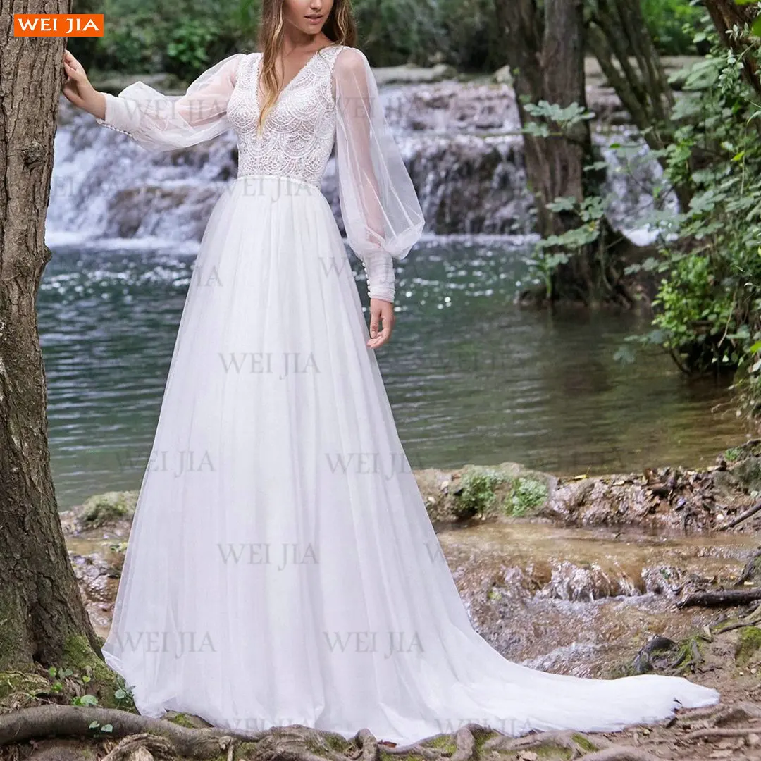 

New White V Neck Wedding Dresses Long Puff Sleeves Backless Robe De Mariée Custom Made 2021 Bride Gowns A Line Vestido Casamento