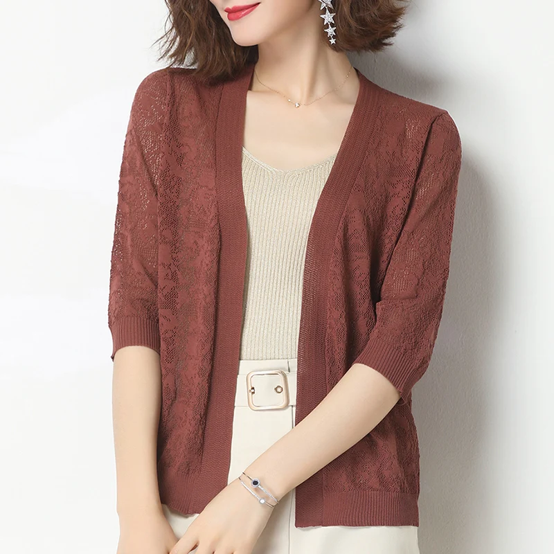 

Hollow Out V-Neck Ice Silk Flower Style Knitted Mother Brim Thin Cardigan 2021 Spring Summer Sweater Vintage Women Clothing Tops