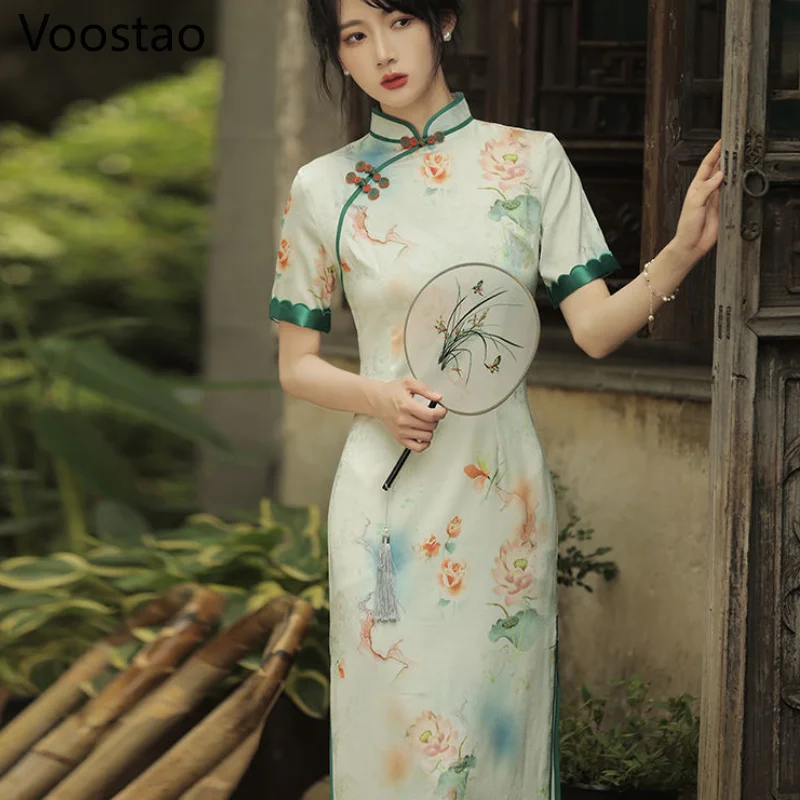 

Women Chinese Style Cheongsam Dress Retro Elegant Floral Print Qipao Plus Size 2XL Vestidos Lady Temperament Slim Party Dresses