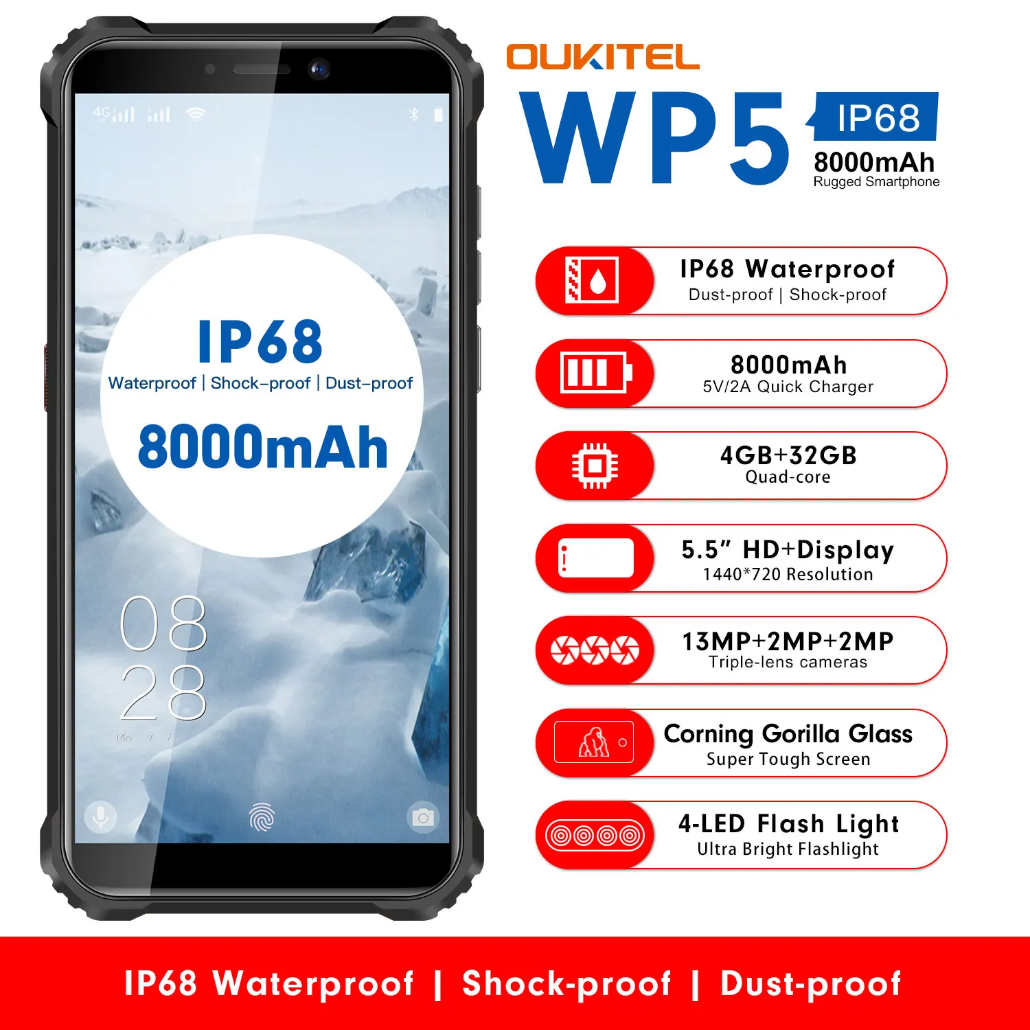 

OUKITEL WP5 IP68 Waterproof 4GB 32GB Android 9.0 8000mAh 5.5''HD+ 18:9 Quad Core 13MP MT6761 Tri-proof 5V/2A 4G Mobile Phone