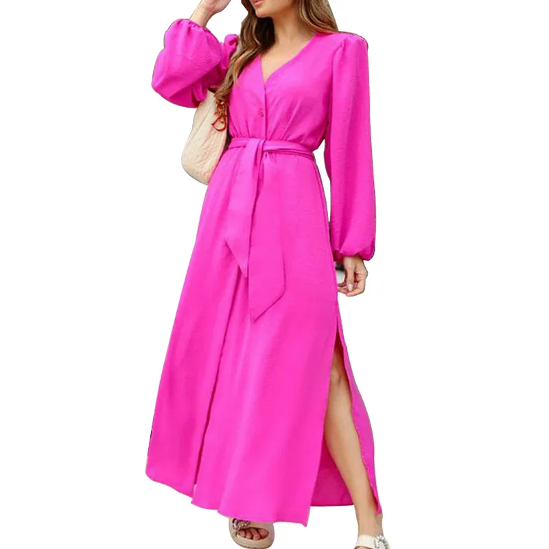 

2021 new zaraing autumn deep V chiffon print ladies halter waist floral long-sleeved female fashion sexy twisted slit dress