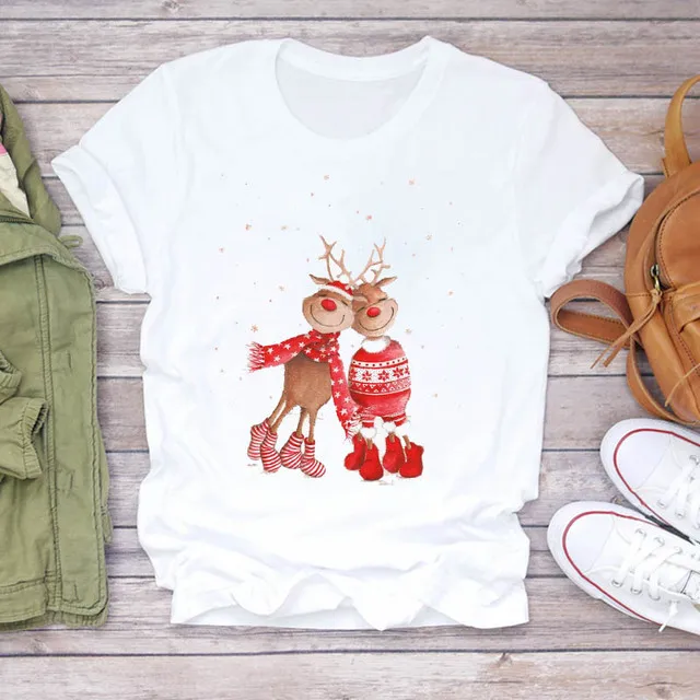

Christmas Couple M Tees Christmas Santa Claus Shirt Christmas Tree Snowman Print Cartoon Happy New Year Holiday Fashion Tees XL