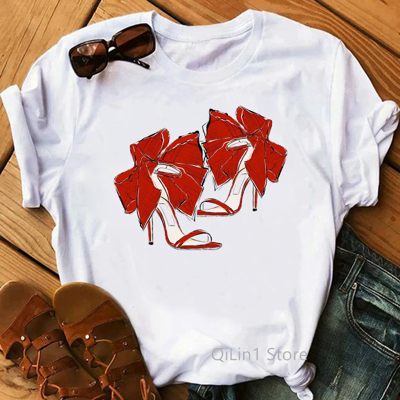 

vogue t shirt women Red ribbon high heels shoes printed t-shirt women clothes 2020 vintage white tshirt femme summer tops tee