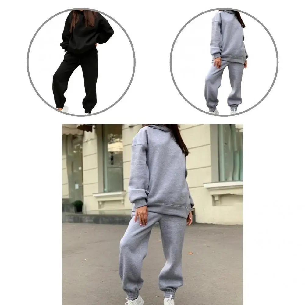 

Straight Cold Resistant Solid Color Women Hoodie Pants Set for Party