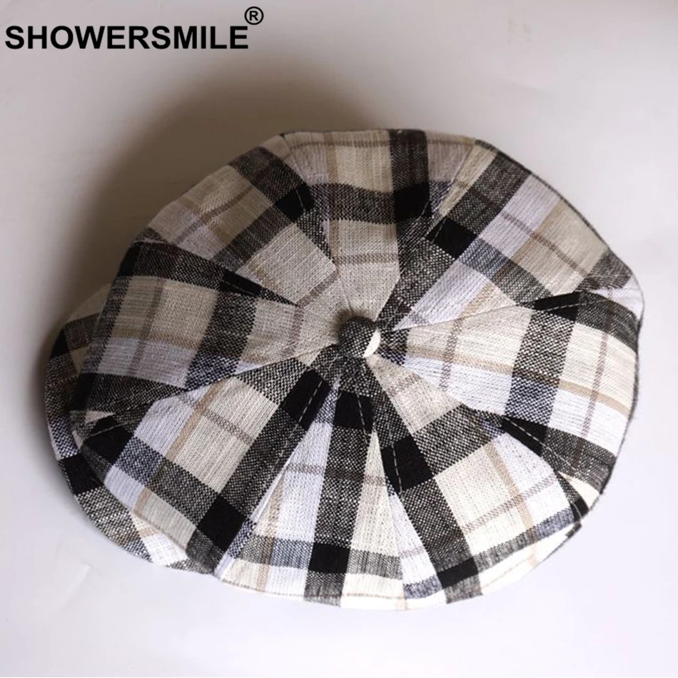 SHOWERSMILE мужские кепки газетчика летние льняные с плоским верхом белые клетчатые